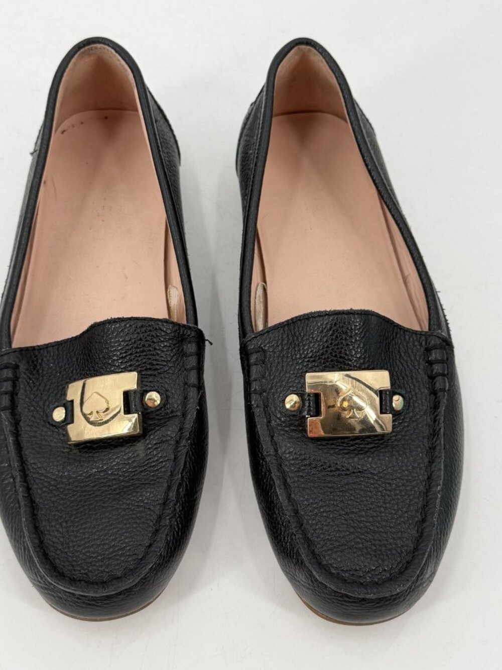 Kate Spade New York Carmen Black Pebbled Leather Loafers Gold Buckle 6.5 B